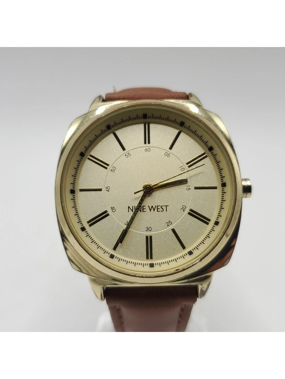 Nine West Quartz Gold Tone Brown Leather Band Womens Watch 36mm New Battery
